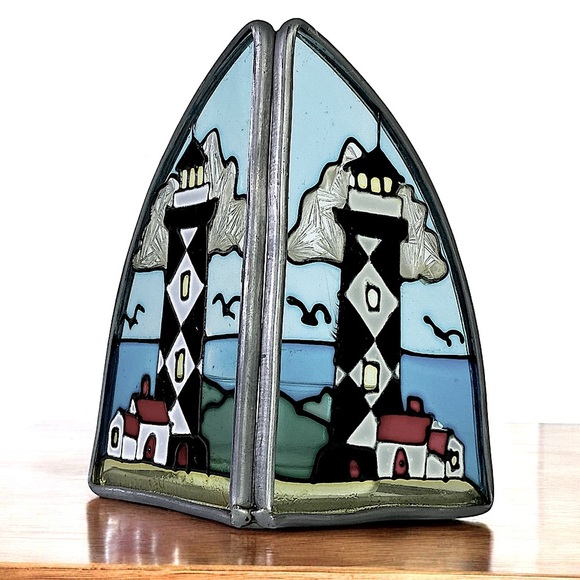 None Other - Lighthouse Stained Glass Candle Holder Vintage Painted Glass Art Piece